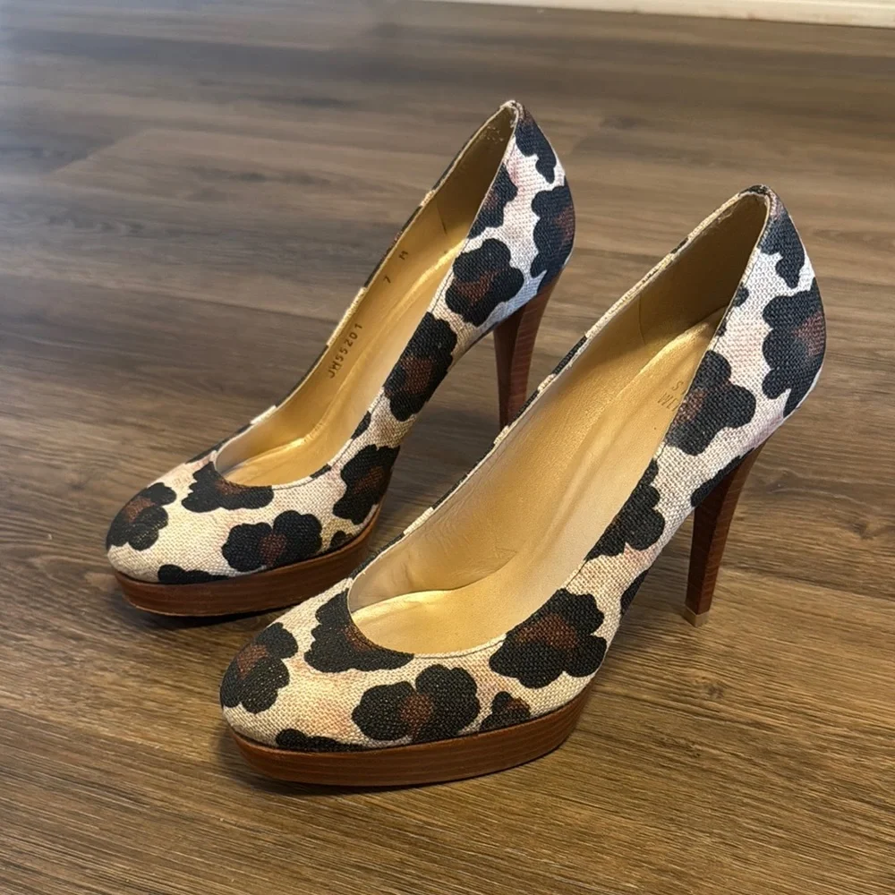 Stuart Weitzman Women ROWSWOON Leopard Heels Platform Canvas Pumps Stilleto 7M